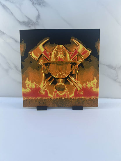 Pompier - Plaque avec support : Casque avec flammes
