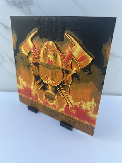 Pompier - Plaque avec support : Casque avec flammes