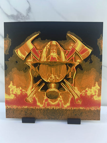 Pompier - Plaque avec support : Casque avec flammes