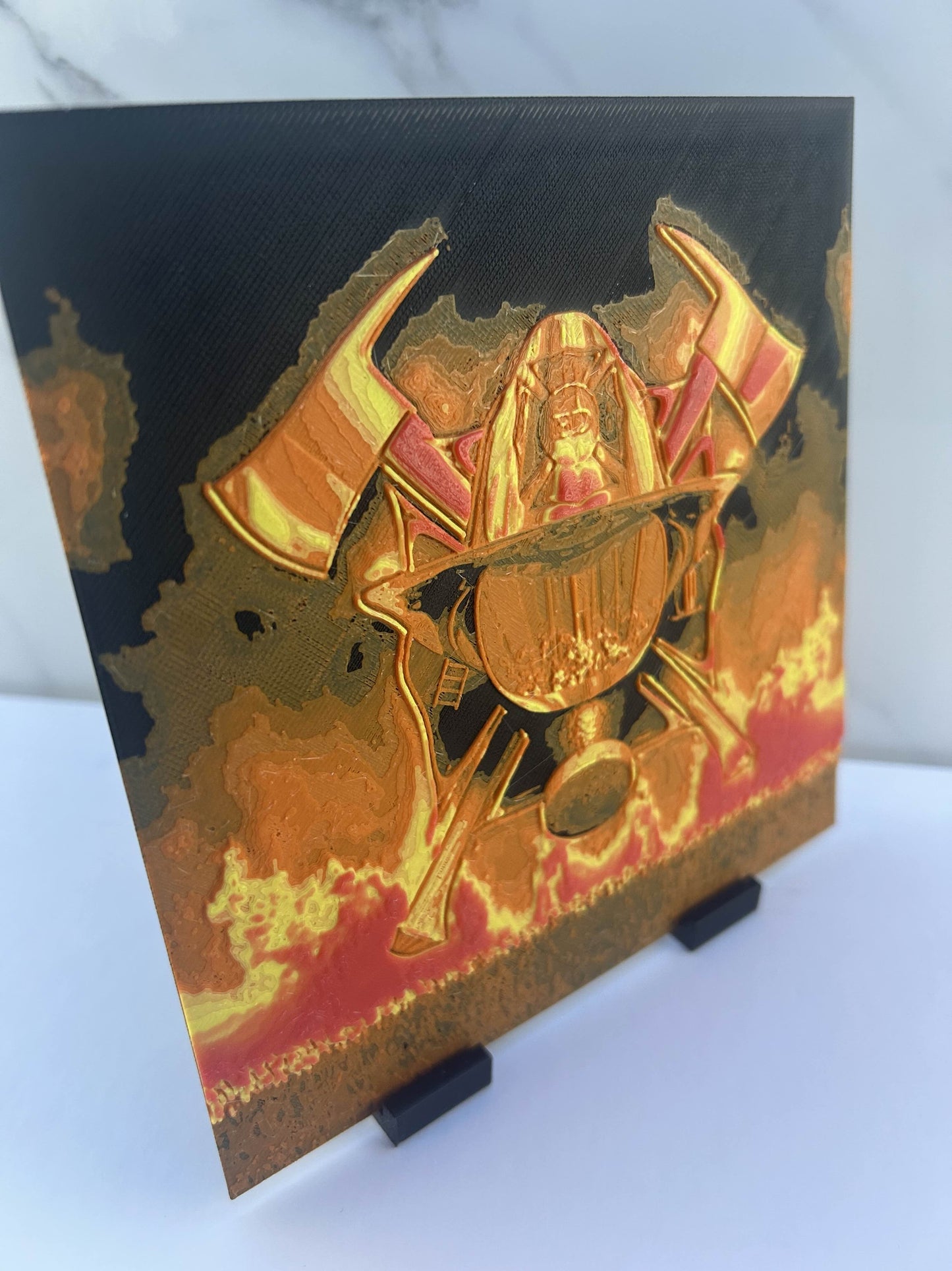 Pompier - Plaque avec support : Casque avec flammes